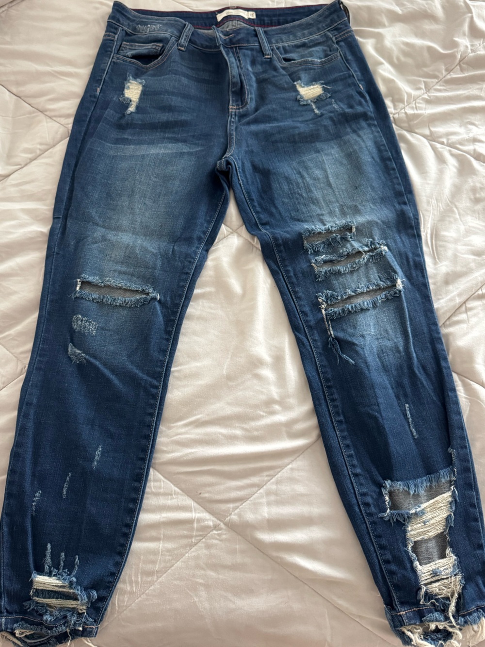 Women's Skinny Distressed Dark Blue Jeans - Stretch Ripped Denim